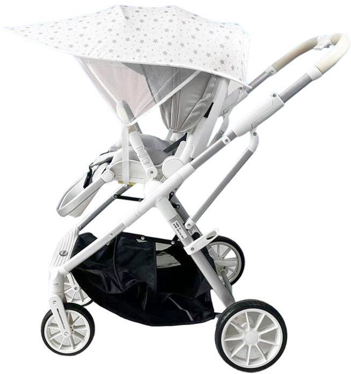 Universele zonnekap voor kinderwagens – UPF 50+ en verstelbaar – Zonbescherming en ademend – Geschikt voor kinderwagens en wandelwagens – Lichtgewicht en opvouwbaar – Universele pasvorm – Sterrenmotief