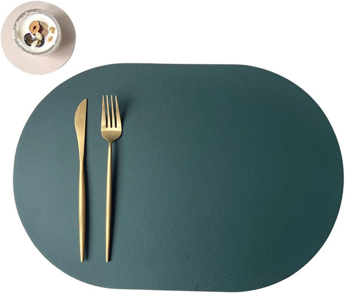 Ovale Placemats - Tafelonderleggers - Eettafel Decoratie - Waterdicht & Vlekbestendig - 8 Stuks - Donkergroen Beige