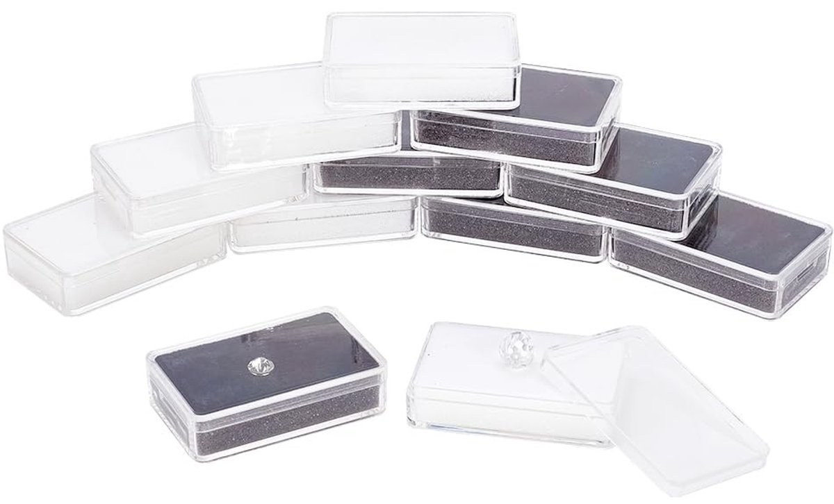 Dailygoods- Edelsteendisplaydoos 16 Stuks - Sieraden Opbergdoos - Kunststof Houder - Transparante Deksels - Elegante Geschenkdozen - Afmetingen 3,65x5,7x1,45 cm - Sieradenopbergdoos