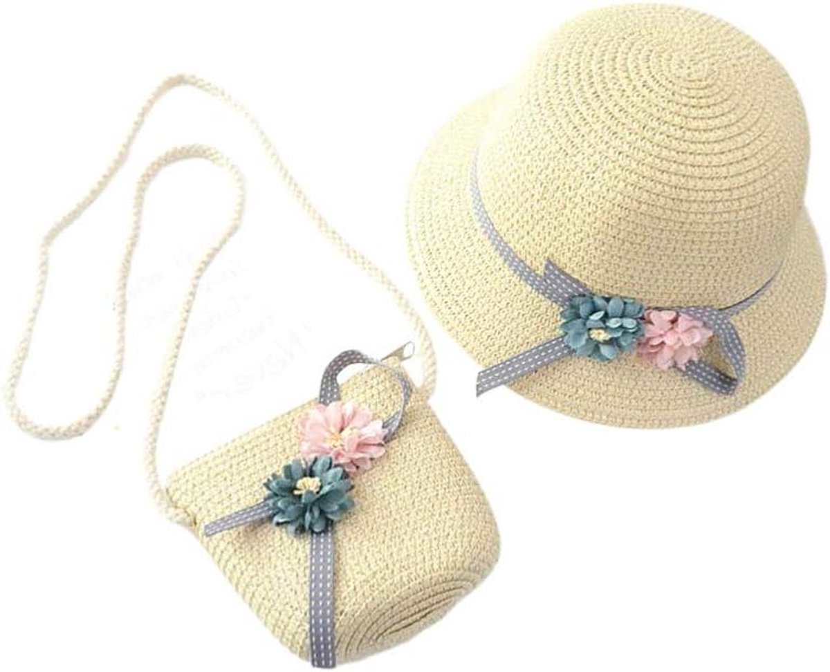 Strandhoed en Tas - Kinderen Set - Zomerse Uitjes - Stro Geweven - 55cm Hoed - Beige