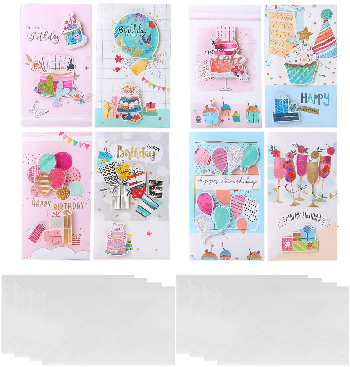 Dailygoods- Verjaardagskaarten Set van 8 - Wenskaarten met Envelop - Unieke Designs - Voor Mannen/Vrouwen/Kinderen - Hoogwaardig Papier - Draagbare Verpakking