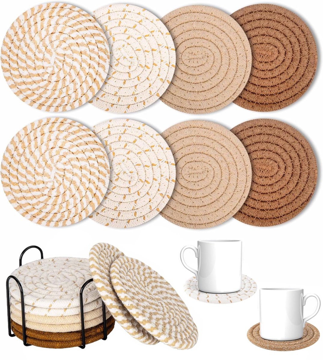 Set van 8 Ronde Onderzetters met Houder - Boho Gevlochten Katoenen Onderzetters voor Glazen - Design Onderzetters - Zacht & Anti Slip Tafelonderzetters - Ø 11 cm - Onderzettersset voor Dranken, Bar, Kopjes - Cadeau
