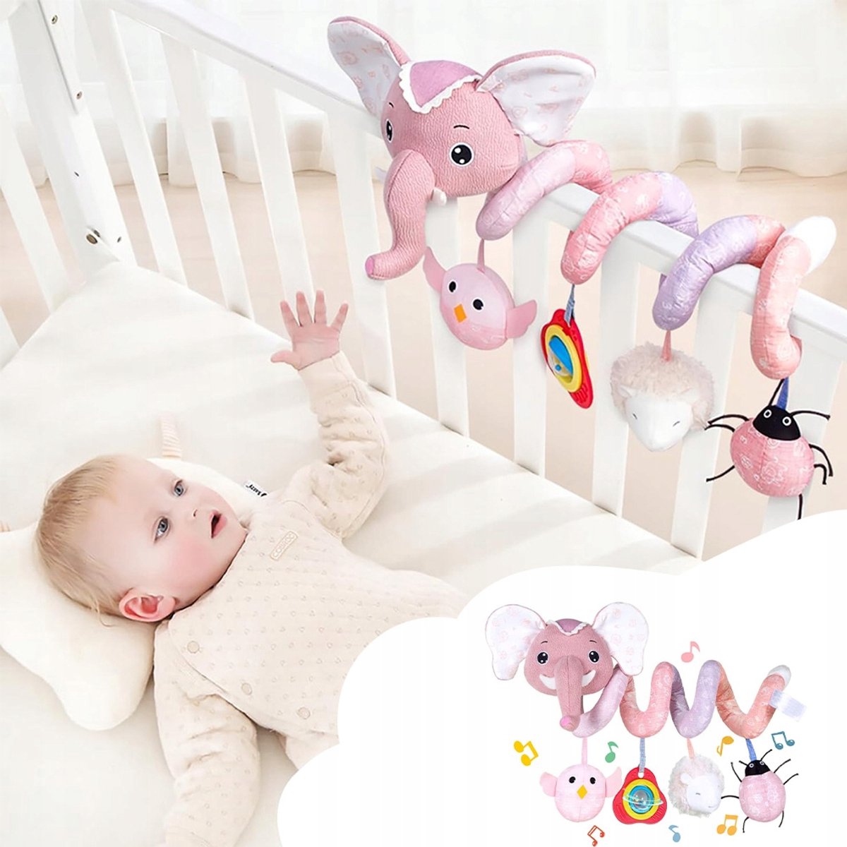 Sensory Spinne Speelgoed voor Kinderwagen & Ledikant - Olifant Rammelaar 0+