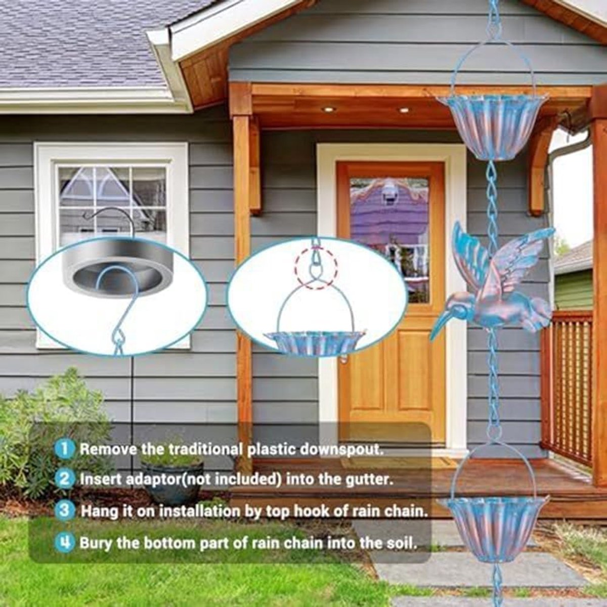 Regenketting Tuin - Waterafvoer Ketting - Decoratieve Watergeleiding - Kolibrie Beker Ontwerp - 3.9 Meter - Antiek Blauw