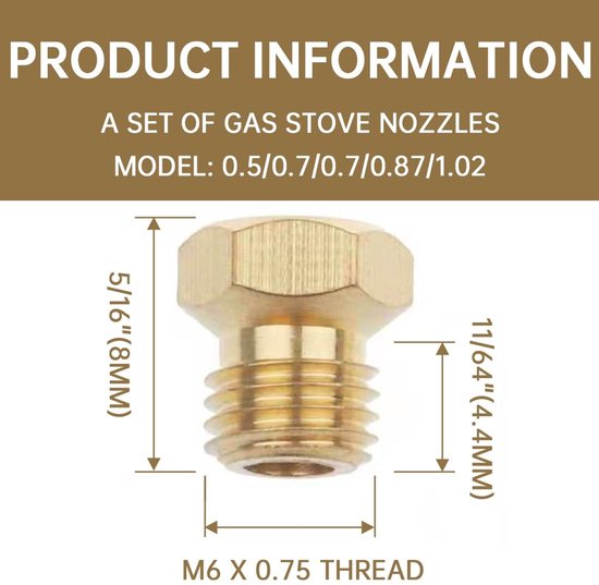 Dailygoods- Gassproeiers 5 Stuks - Aardgassproeiers/GPL-Gassproeiers - Sproeiers/Injectoren - Voor LPG-Kookplaten/Ovens - Openingen 0,5/0,7/0,87/1,02 mm - Duurzaam Messing - Gasinjectoren van Dailygoods — afbeelding 3
