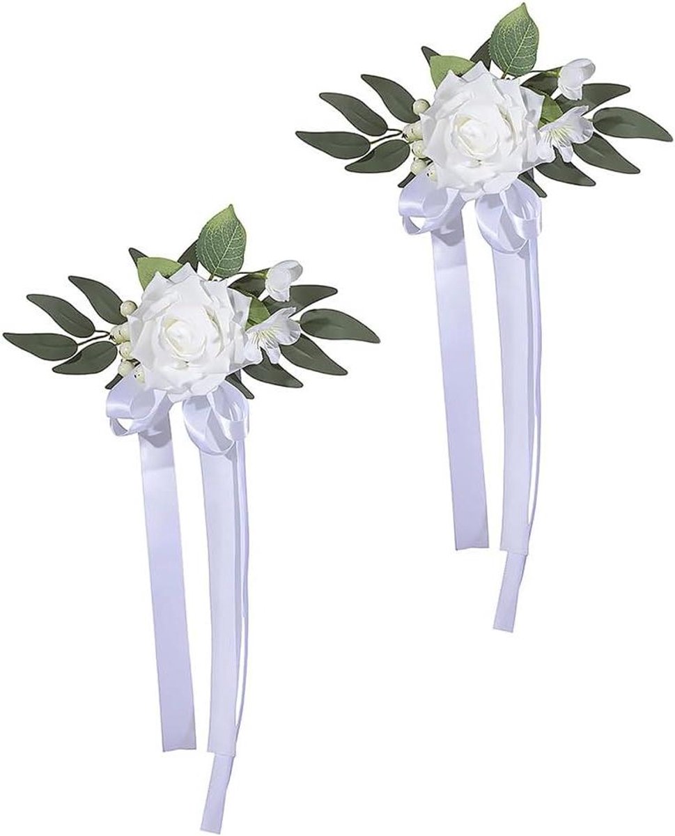 Bruiloft Autodecoratie - Kunstbloemen Strikken - Bruiloft Versieren - Eenvoudige Installatie - 2 Stuks 41cm - Wit