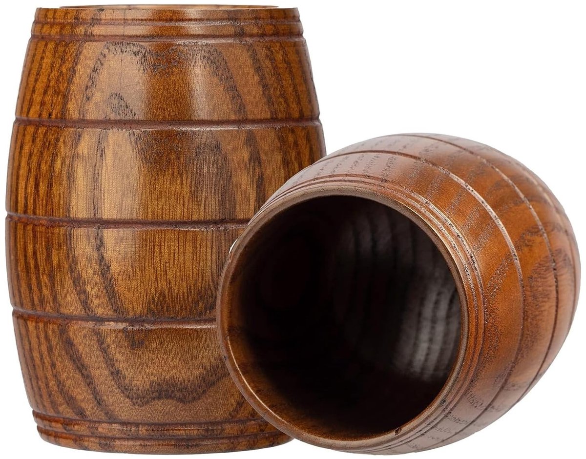 BRENZOOS- Biermok Houten vatvormig - Drinkbeker - Massief hout - Handgemaakt - Voor bier/thee/dranken - Unieke nieuwigheid
