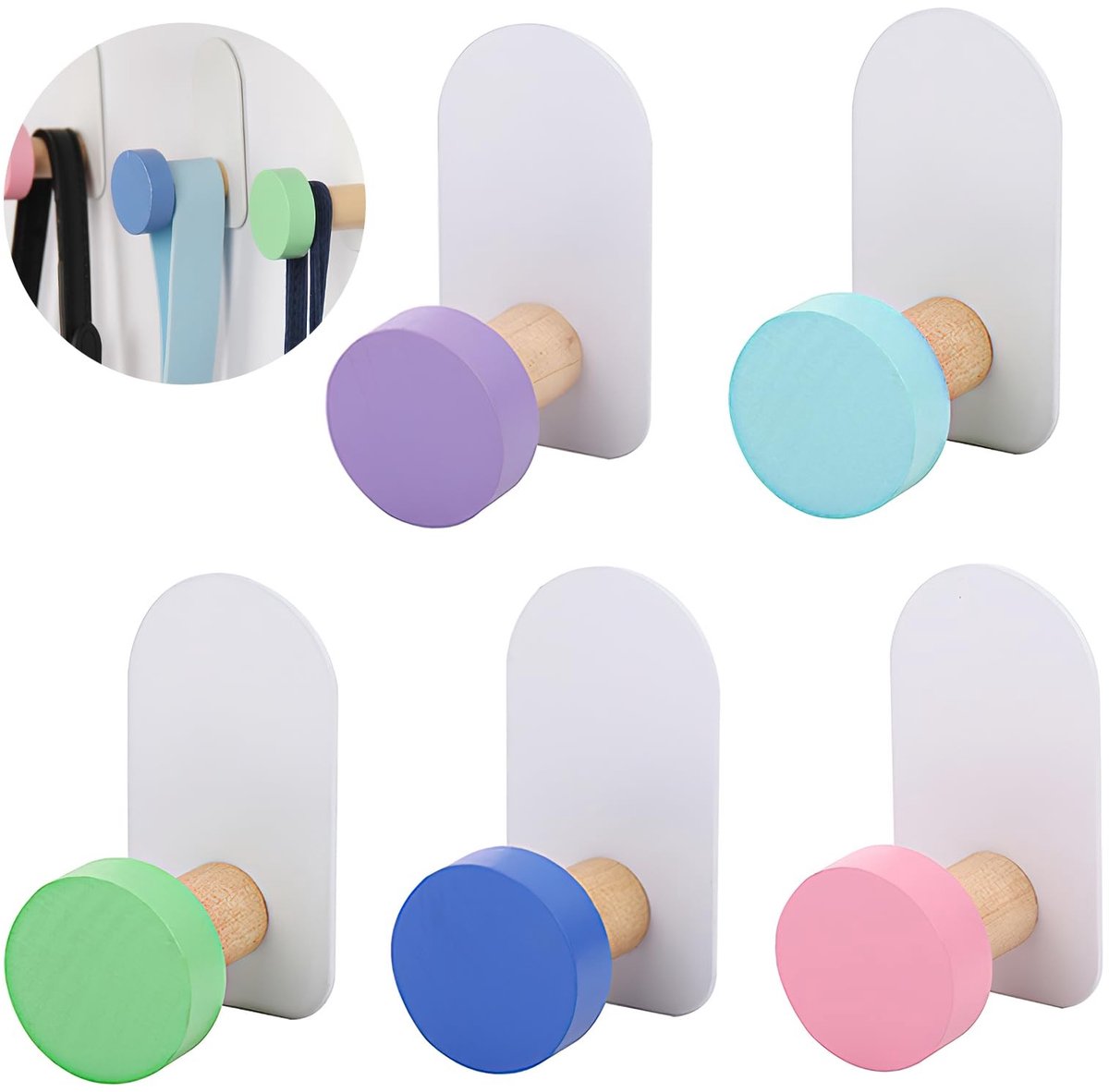 BRENZOOS- Wandhaak Set van 5 - Zelfklevend - Geschikt voor Badkamer/Kamer - Haken voor Handdoeken/Jassen - Duurzaam Hout/Metaal - Kleurrijk Ontwerp - Haak