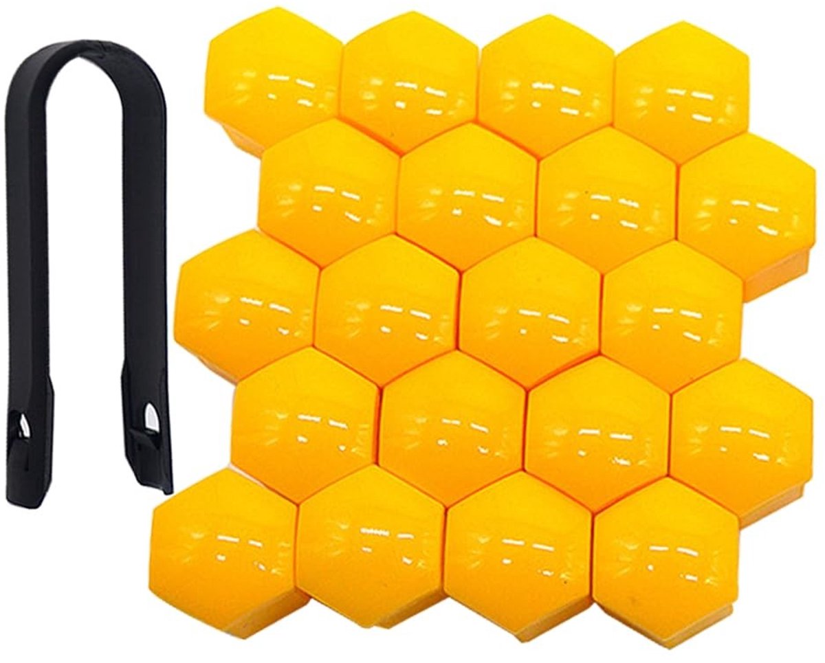 BRENZOOS- Wielmoerkap 19 mm - 20 Stuks - Inclusief Verwijdertool - Hexagonaal - Kunststof - Geel - Wielmoerkapjes