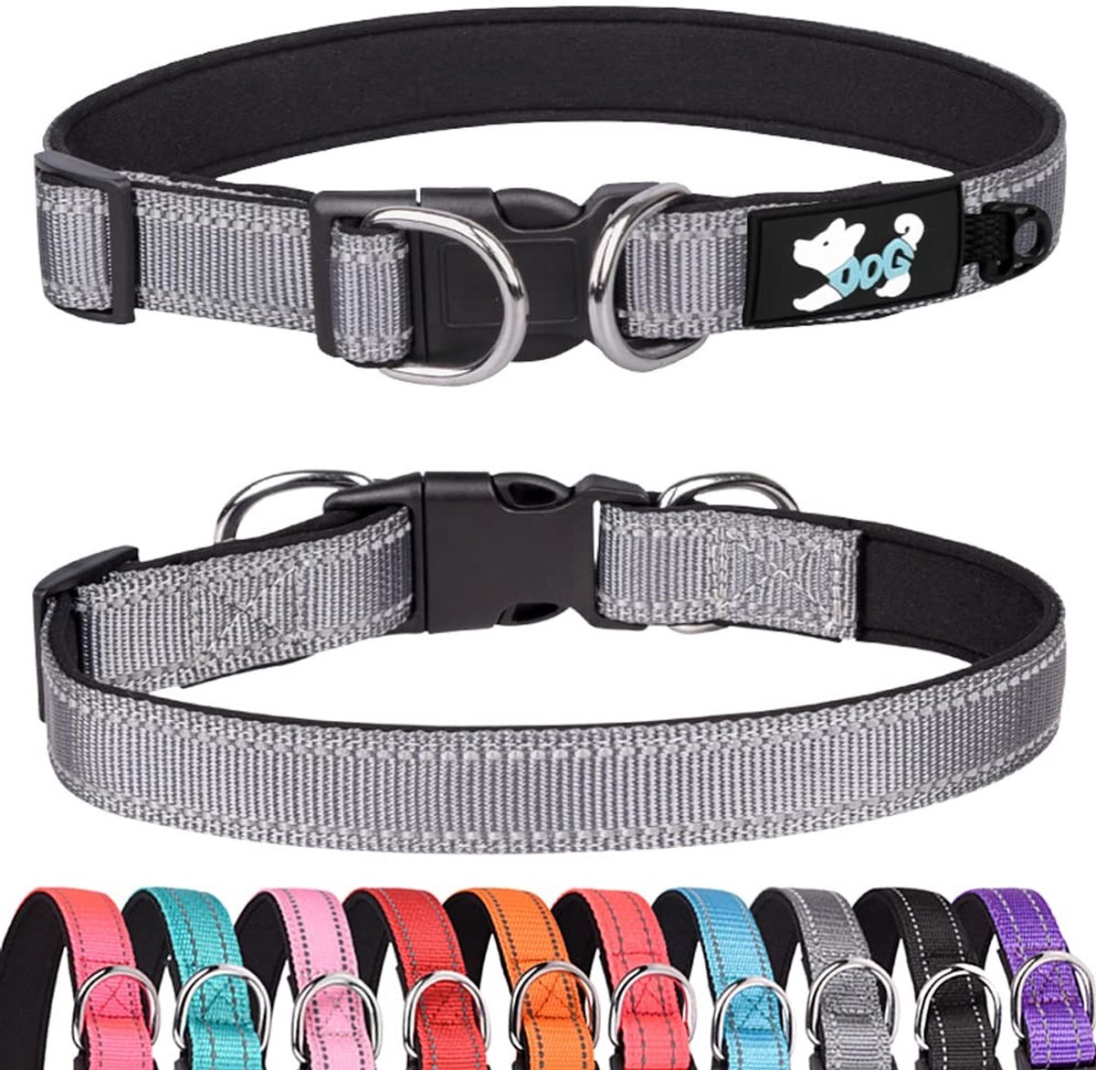 JHUBERS- Halsband Gewatteerd - Verstelbaar - Reflecterend - Neopreen - Voor kleine/middelgrote/grote honden - Maat L (38-60 cm) - Hondenhalsband