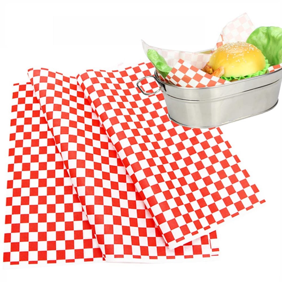 JHUBERS- Inpakpapier 100 Vellen - Rood/Wit Geruit - Vetbestendig - Sandwich Papier - Serveermand Liners - Perfect voor Barbecues/Picknicks - Voedselpapier