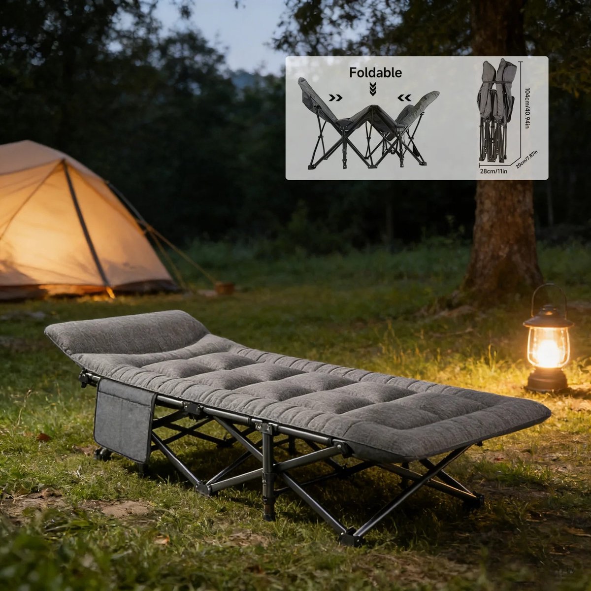 BRENZOOS - Dailygoods Opvouwbaar campingbedje met zijvak, 200 kg draagvermogen, slaapbed van Oxford-stof, gewatteerd kussen hoofdst