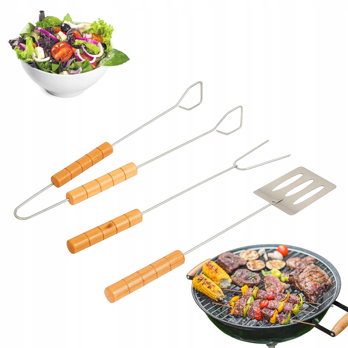 Grillaccessoireset 3-delig: Tang, Spatel, Vork - Roestvrij staal met hout