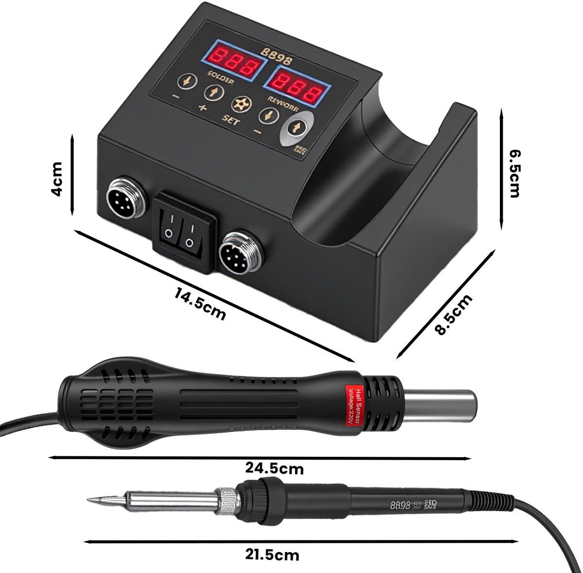 Hete Lucht Rework Station / Soldeerstation / 2-in-1 Desoldeerstation – 3 opzetstukken + standaard – Voor mobiele reparatie, elektronica, SMD, krimpkous, PCB – Professioneel hete luchtpistool + soldeerbout – Handleiding, EU-stekker, papieren doos – foto 4