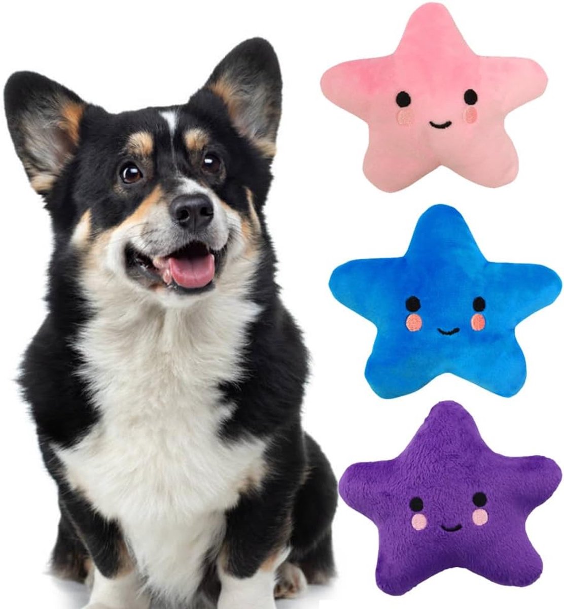 ZVD Piepspeelgoed voor huisdieren – Schattig pluche speelgoed in de vorm van een lachende ster – Met piepgeluid – Geschikt voor honden, puppy's, katten en kleine dieren – Voor beweging en vermaak – Set van 3 (Ster)