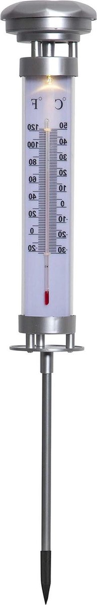 Zonnestaaf thermometer - Buitenlamp temperatuur - Tuin decoratie - Spatwaterdicht IP44 - 57.5 cm - Zilver
