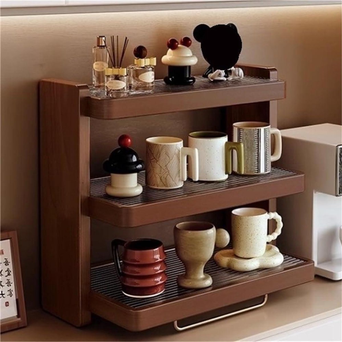 Koffiebekerhouder - Theekop rek - Keuken organiseren - 3-laags ontwerp - 42.40 cm - Walnoot