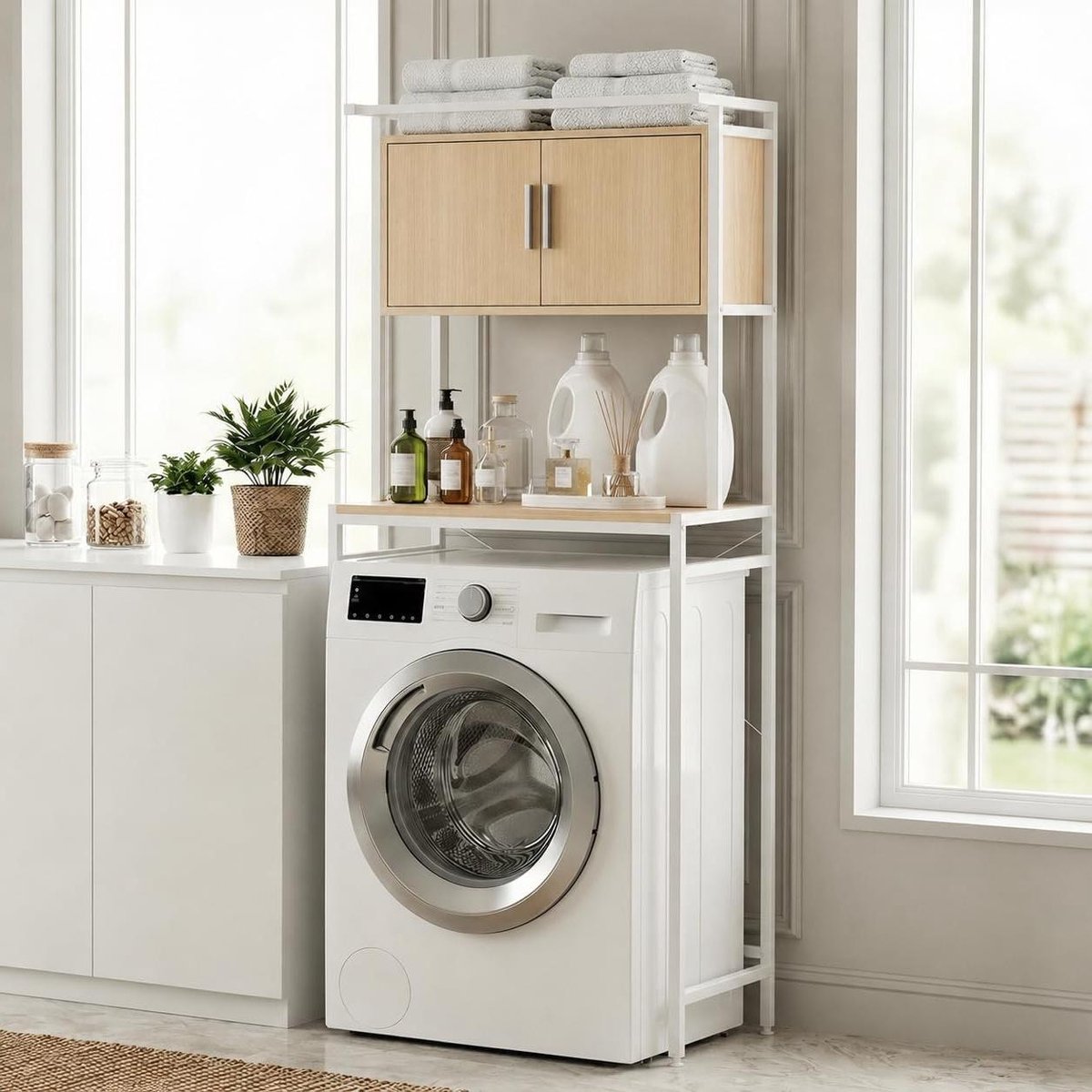 Wasmachinekast - Opbergrek Badkamer - Ruimte Organiseren - Met Kastruimte - 67x40x165 cm - Natuurlijk Wit