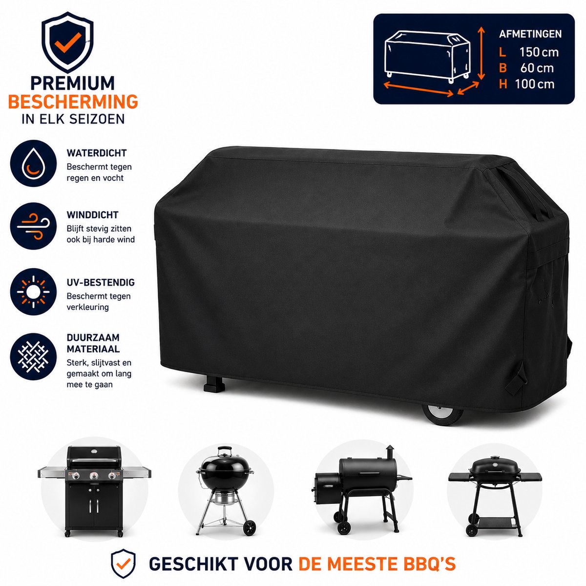 MeuvelsvanJoep BBQ Hoes - Waterdichte beschermhoes - UV bescherming - Maat 150 x 60 x 100 cm - Met trekkoord