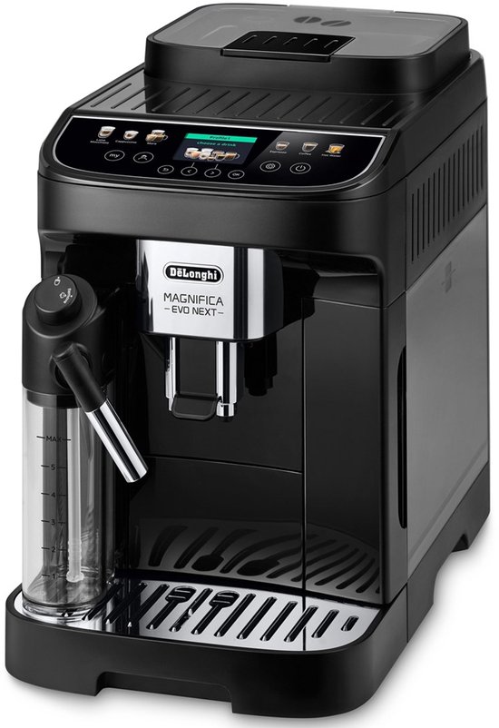 Zwarte De'Longhi Magnifica Evo Next volautomaat met melkreservoir en verchroomde accenten.
