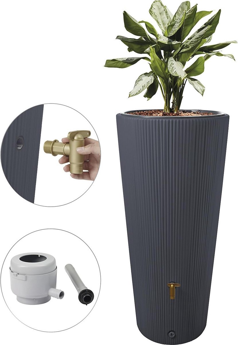 Regenton Decoratief - Water Opslag - Tuin Besproeien - Inclusief Plantenbak - 220 Liter - Grafiet Grijs