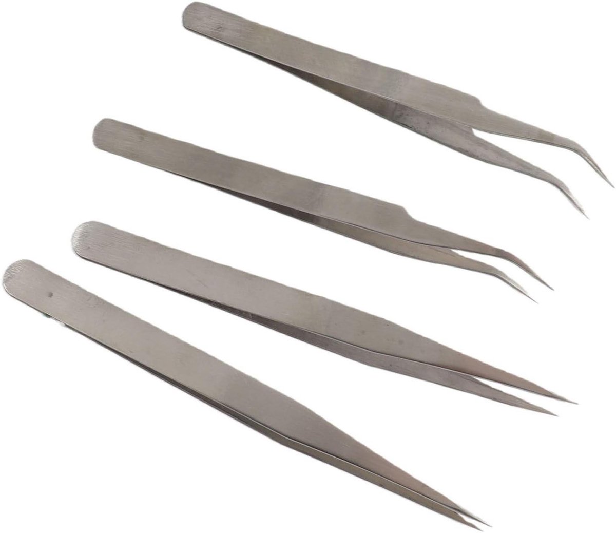 Pincetset Roestvrijstaal - Precisie Tweezer - Elektronica Reparatie - Antistatisch Ontwerp - 4 Stuks - Zilver