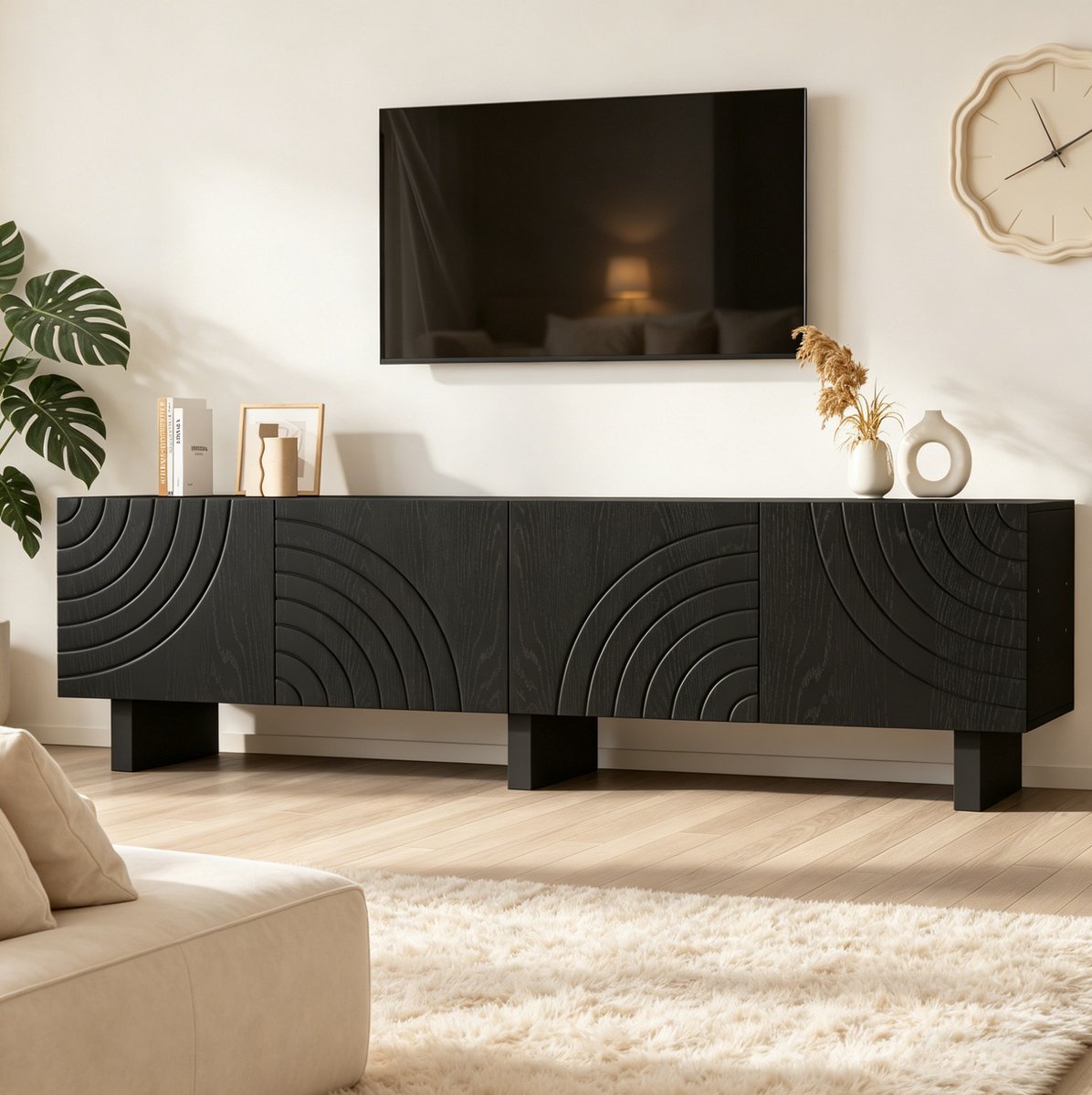 OKWISH Tv-Meubel - 180 X 40 X 55 Cm - 4 Deuren Met Opbergruimte - Geschikt Voor 75 Inch Tv - Mat Zwart Spaanplaat