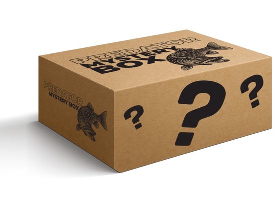 Bruine kartonnen doos met "PREDATOR MYSTERY BOX" opdruk en een afbeelding van een snoek.