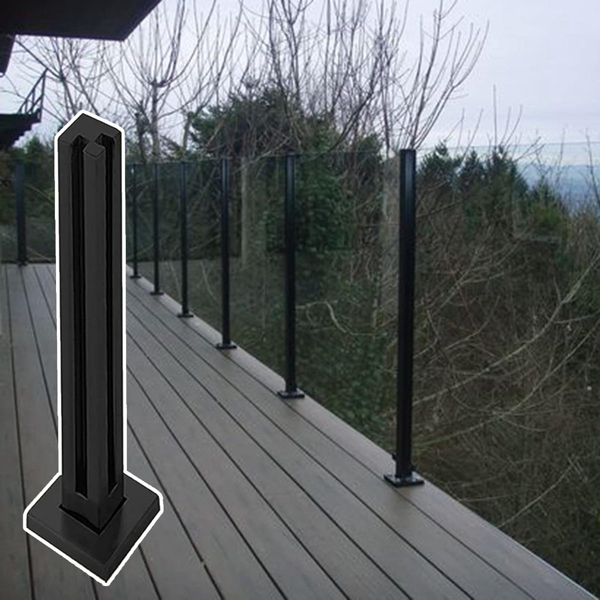 Glazen Balustrade Paal - Glazen Reling - Buiten Beveiligen - 304 Roestvrij Staal - H-125cm - Zwart