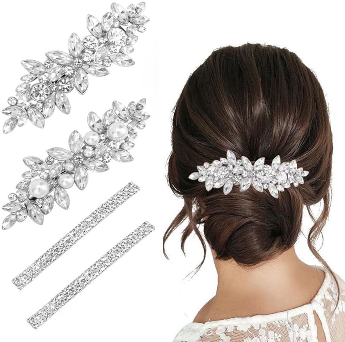 Dailygoods- Haarspeldjes Set van 4 - Zilveren Strass/Parel - Lichtgewicht/Duurzaam - Decoratieve Haaraccessoires - Veilig Sluiting - Comfortabele Grip - Haarclips