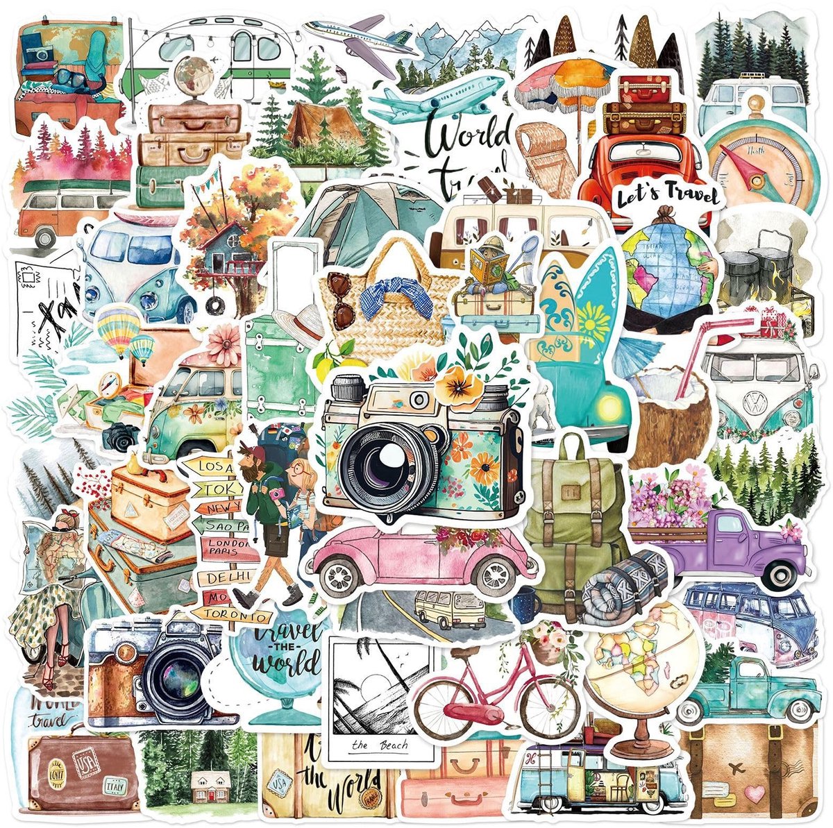 SOUQONE- Reisstickers 50 stuks - Mini-formaat - Scrapbook-stickers - Decoratieve stickers - Waterdicht - Hoogwaardig PVC-materiaal - Decoratiestickers