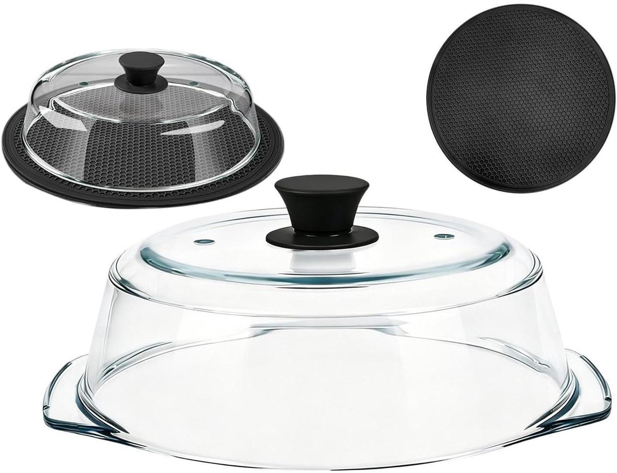 Magnetron Deksel Spatdeksel Glas Eten Opwarmen Met Stoomopeningen 28 cm Breed Transparant
