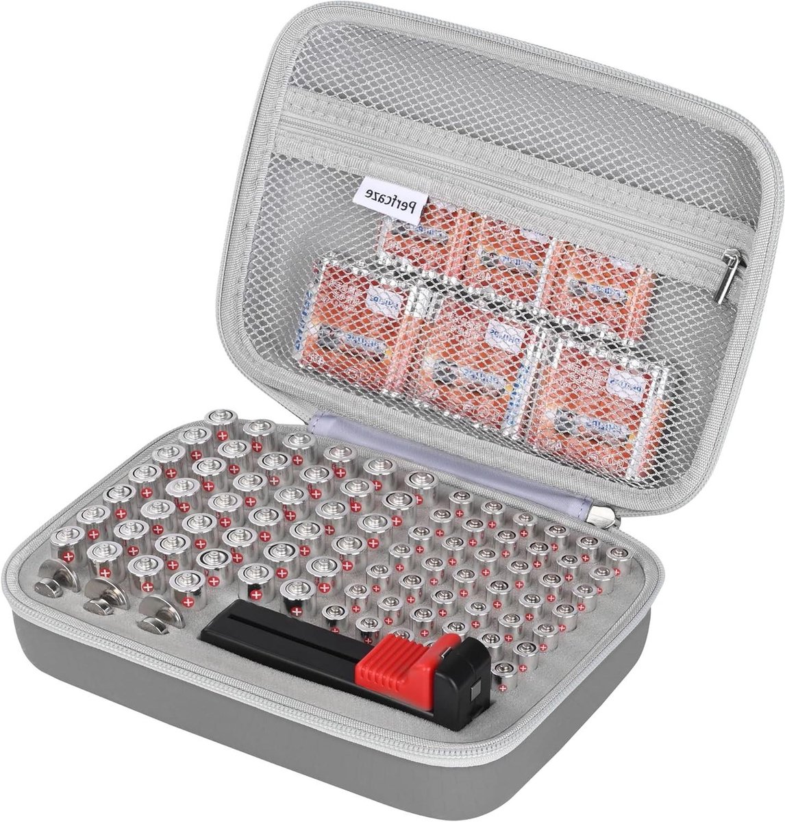 Batterij Opbergkoffer - Batterij Organizer - Batterijen Sorteren - Met Batterijtester - Voor 88 Batterijen - Grijs