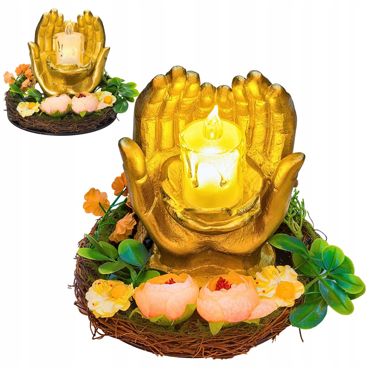 LED Graf Lantaarn Gouden Hand met Lentebloemkrans