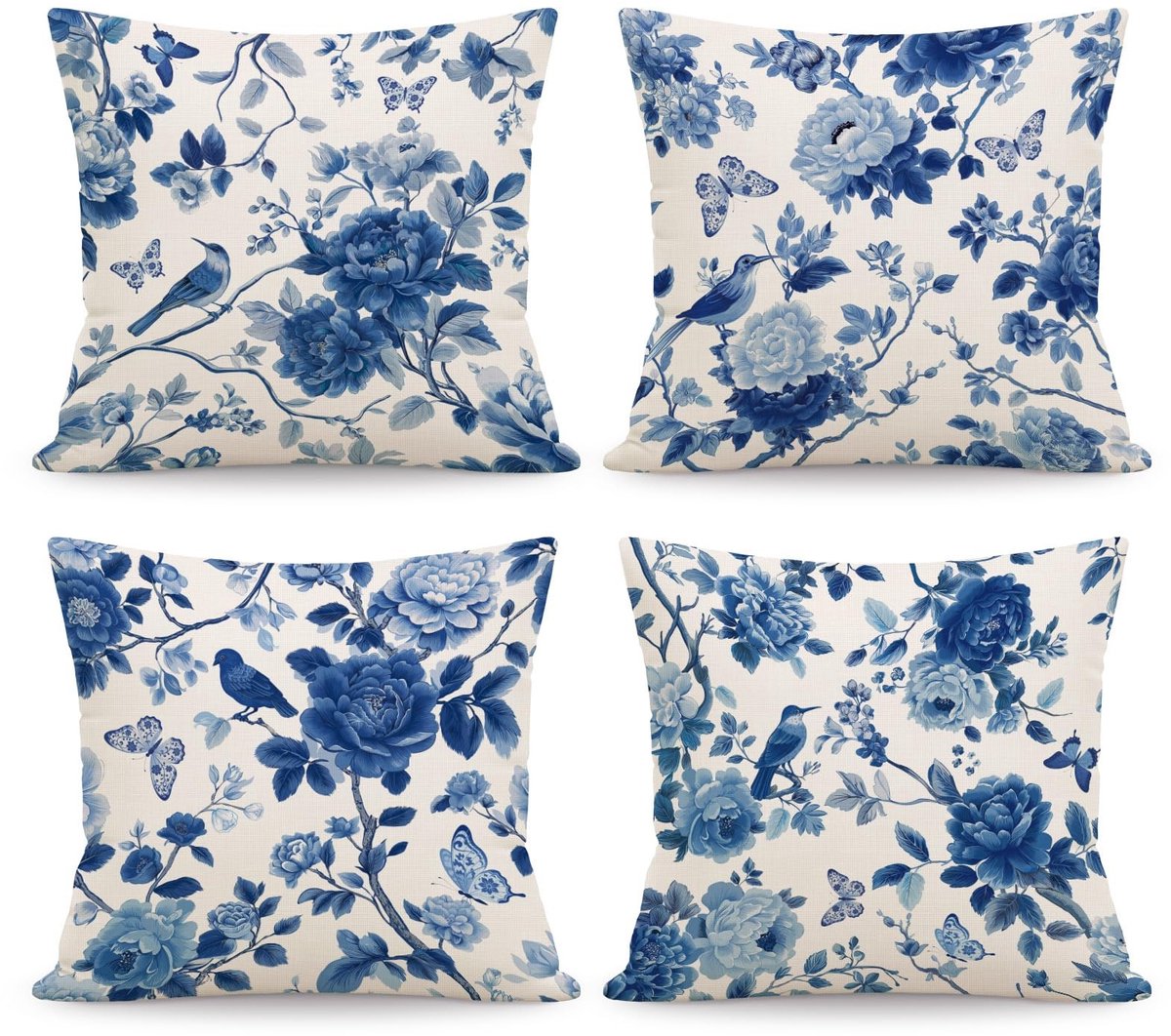 Kussenhoezen Set van 4 - Decoratieve Kussenhoezen 45 x 45 cm - Linnen - Inkt Vogels/Bloemen - Verborgen Ritssluiting - Machinewasbaar - Kussenslopen