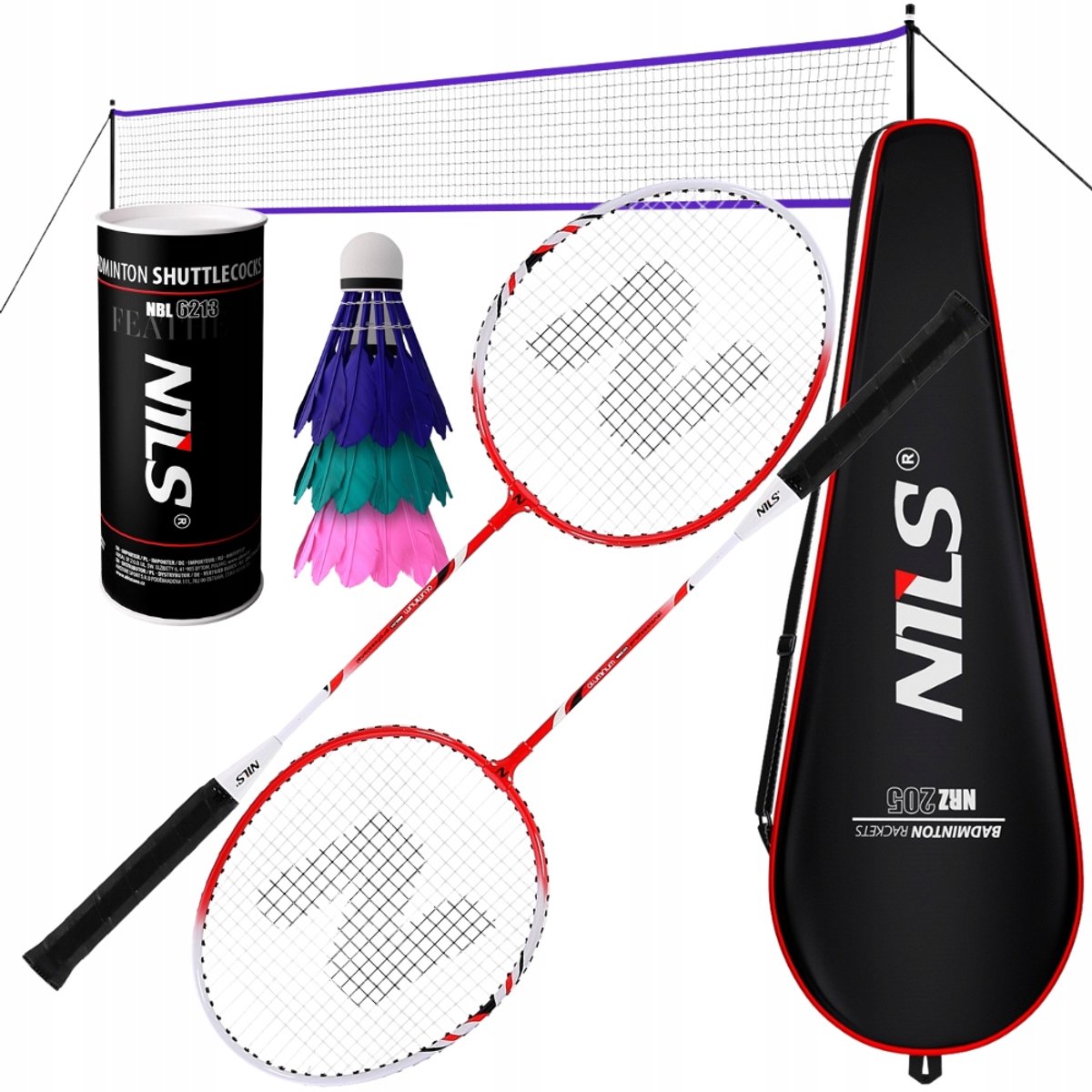Nils Badmintonset: 2 rackets, 3 shuttles, net en tas