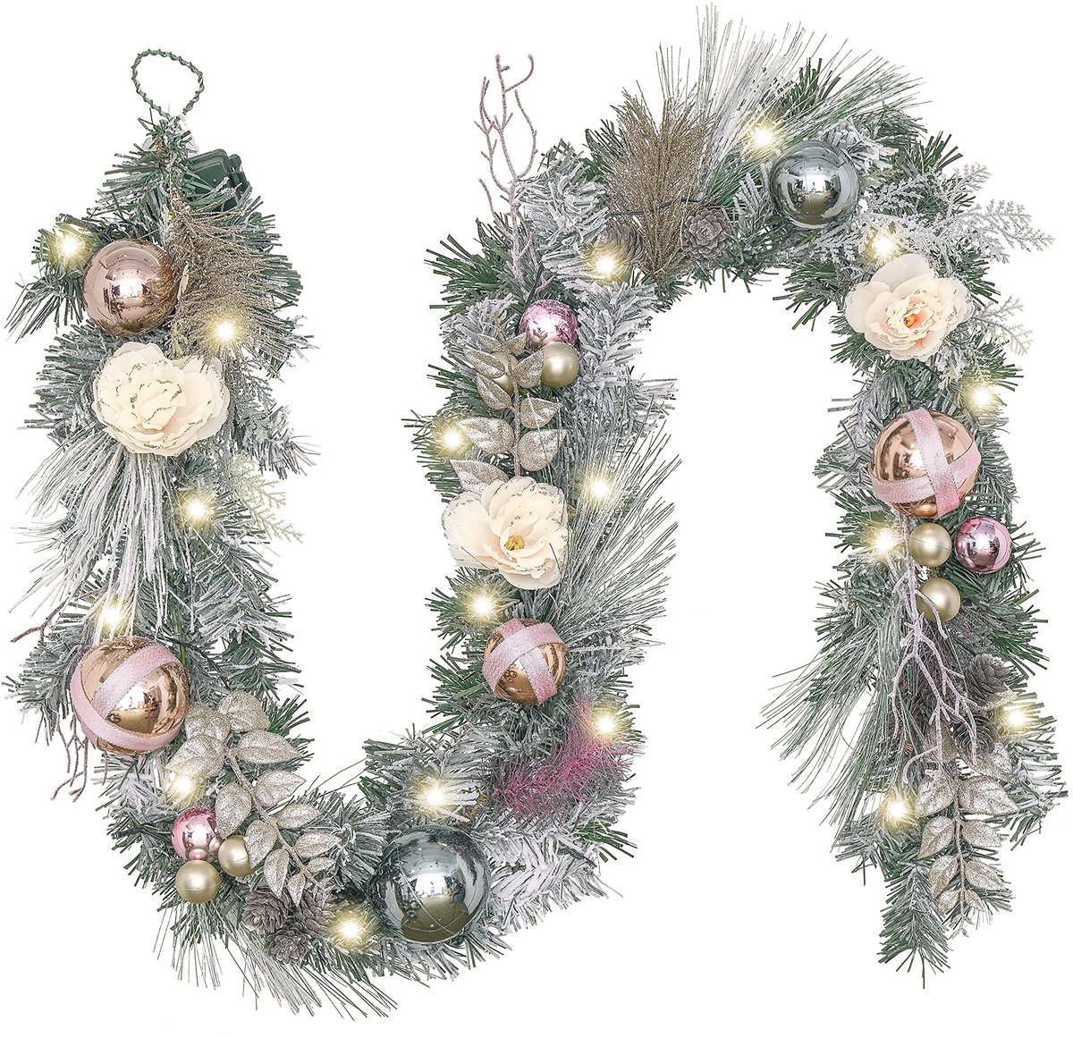 JHUBERS - Voorverlichte Kunstmatige Kerstslinger - Met Kerstballen en Witte Roos - 183cm - LED-Lampjes - Voor De Voordeur - Kunstplanten