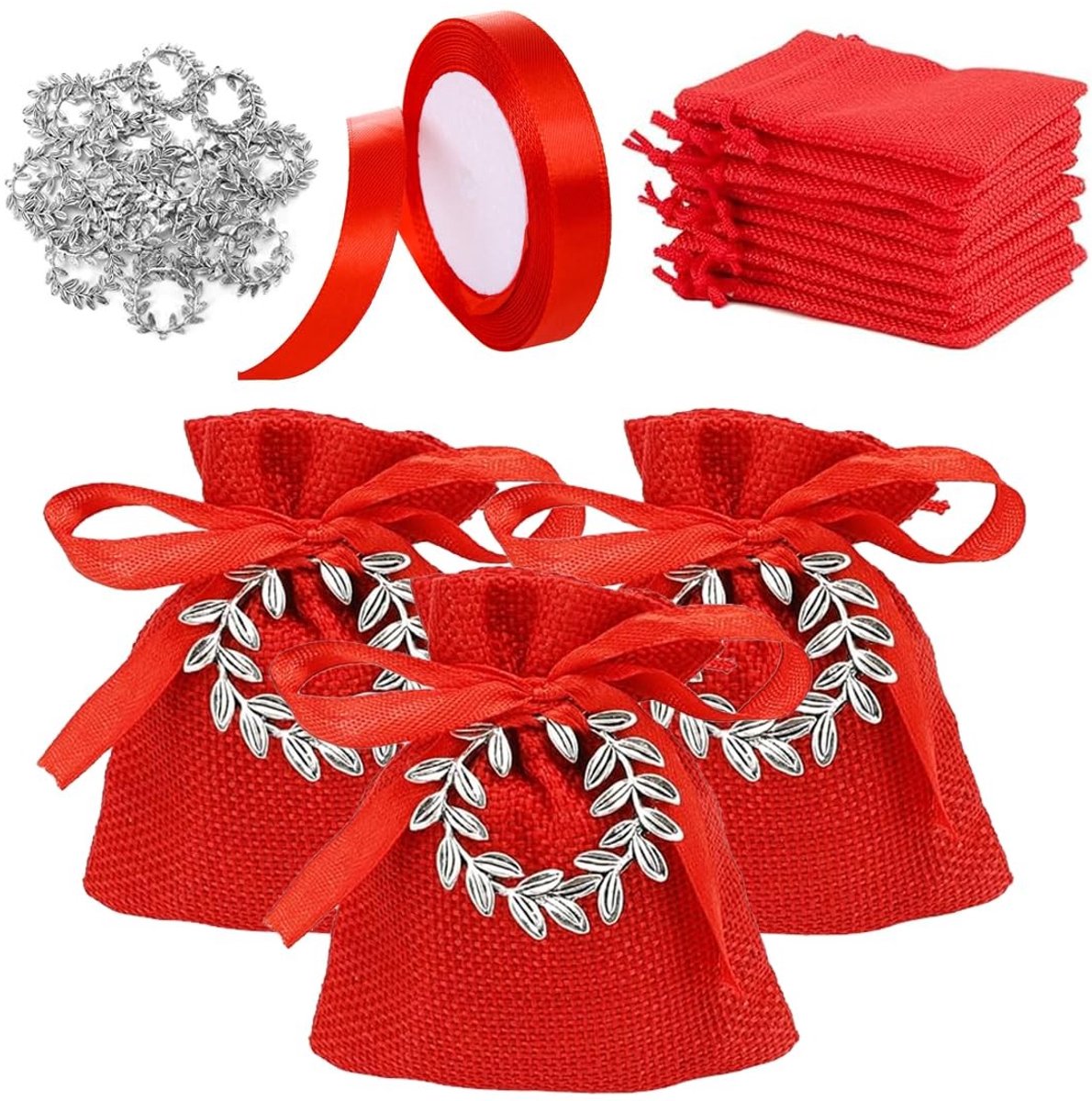 JHUBERS- Gastgeschenken set - 10 Geschenktassen - 10 Lauwerkrans-hangers - 1 Rol Rood Lint - Hoogwaardige Materialen - Praktisch Ontwerp - Geschenkzakjes