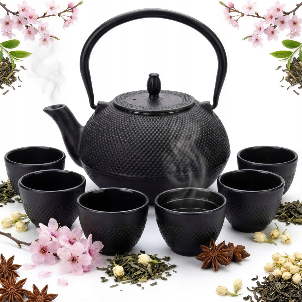 Gietijzeren theepot 1,8L met 6 kopjes - Zwart