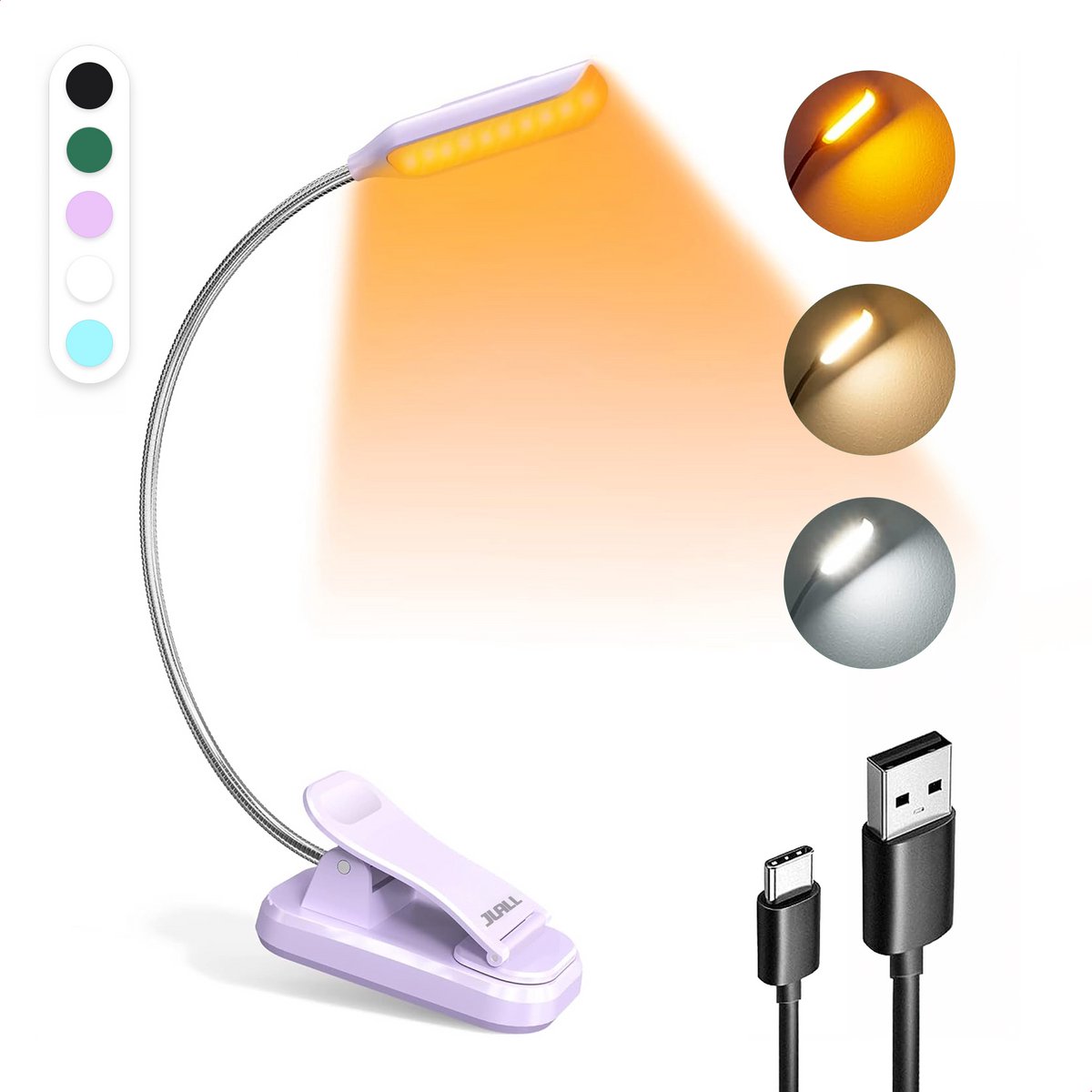 JUALL LED Leeslampje voor Boek - 9 Lichtstanden - Oplaadbaar Leeslampje voor in Bed - Boeklampje - Leeslampje met Klem - Bedlampje - Paars