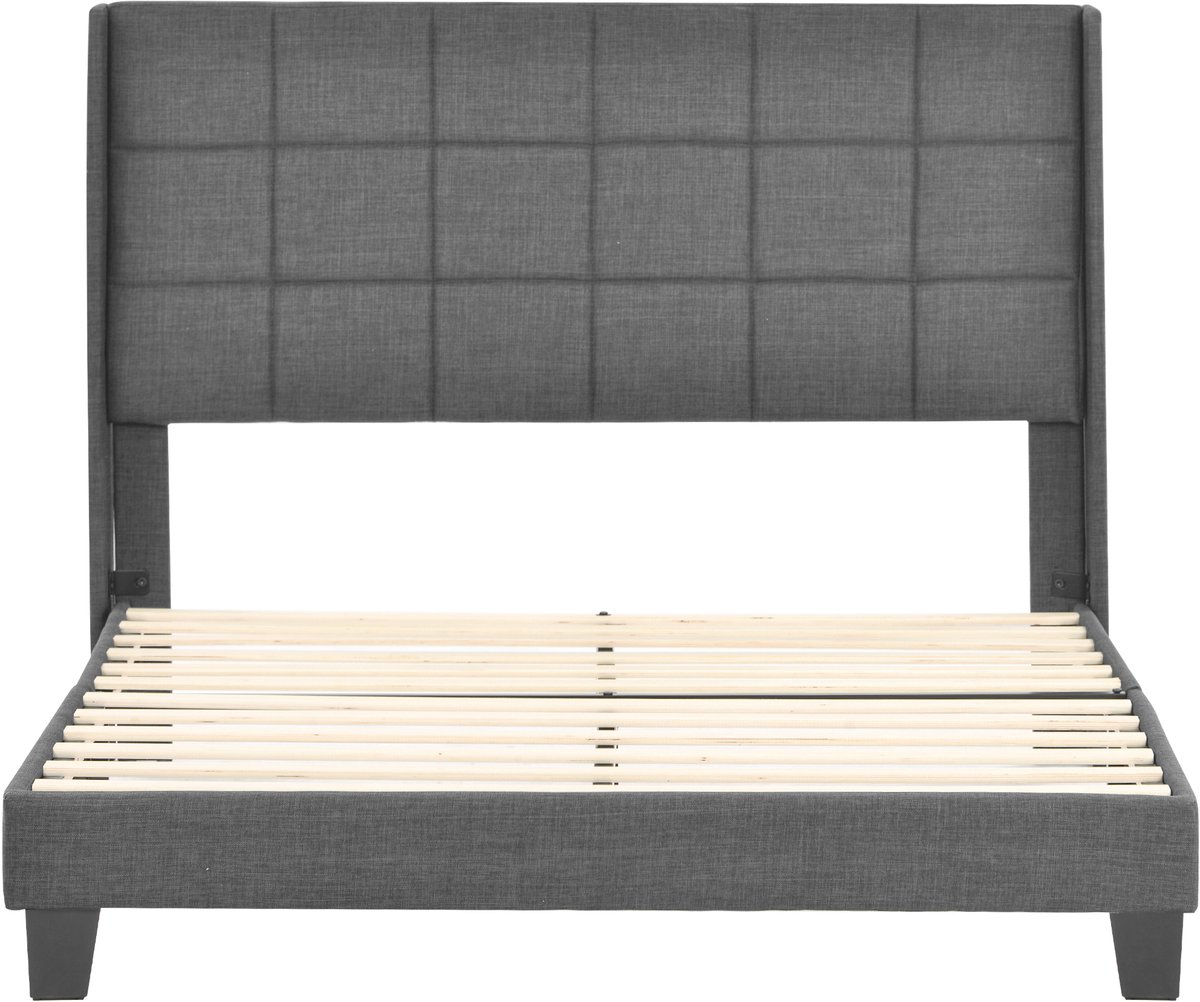 DESMIU Gestoffeerd Bed 140x200cm Met Matras – Bed Met Gepolsterd Hoofdbord En Lattenbodem – Stabiele Opbouw Met Opbergruimte – Voor Slaapkamer – Linnenstof – Grijs