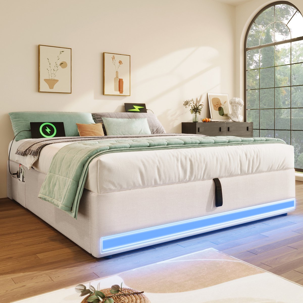DESMIU Gestoffeerd Bed 140x200cm – Bed Met Led Verlichting, Usb En Type C Oplaadfunctie – Hydraulische Opbergruimte – Voor Slaapkamer – Linnen – Beige – Zonder Matras