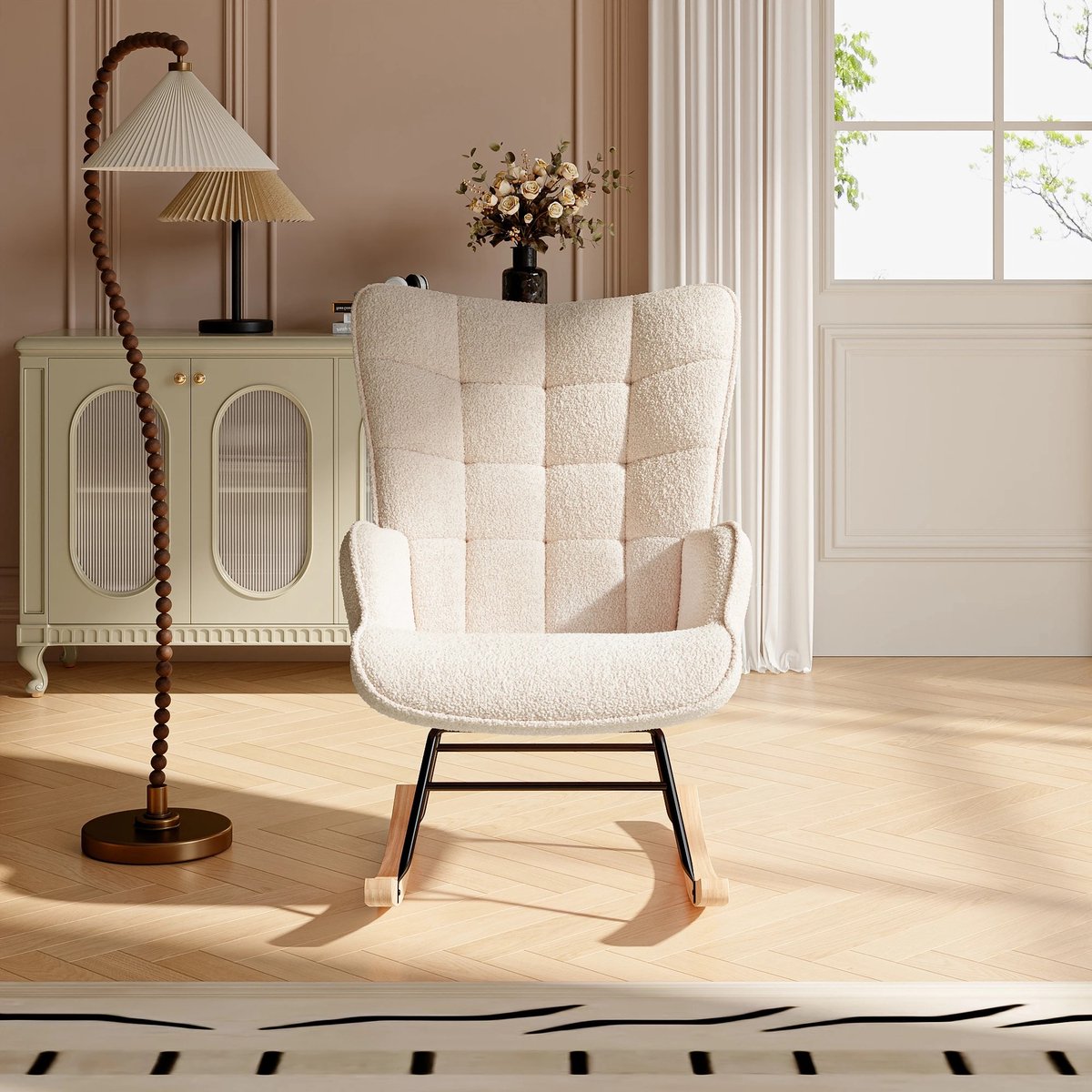 Novyro Living - schommelstoel - relaxfauteuil - lounge stoel - teddy stof - metalen frame - houten poten - wit - beige - woonkamer