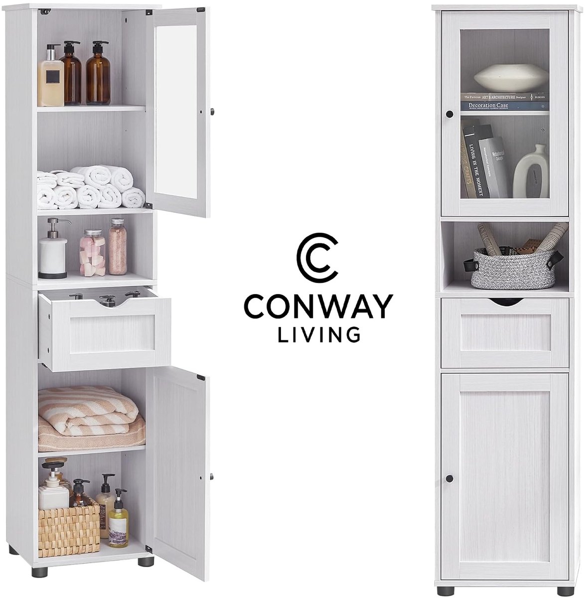 Conway Living® Badkamerkast - Hoog Badkamermeubel - Badkamermeubel 30 x 30 x 170 cm met verstelbare planken - wit - Ladekasten - Kolomkast