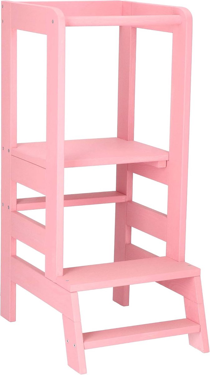 Kinder Keuken Hulp - Houten Keukentrapje - Samen Koken - Verstelbare Hoogtes - 90 cm Hoog - Roze