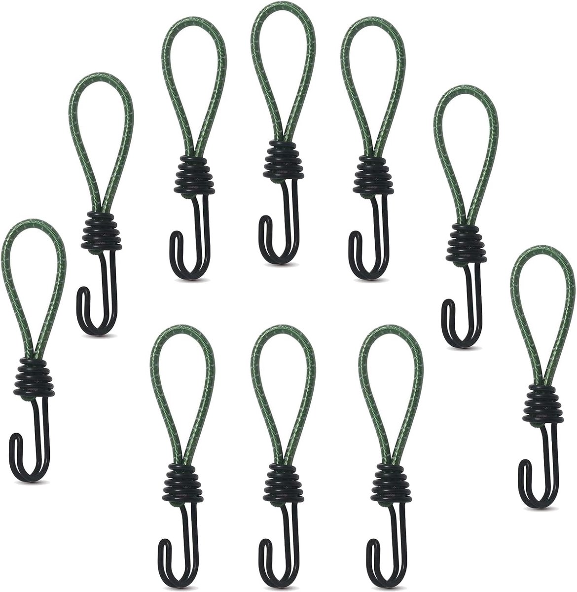 Elastische banden - Spanbanden met haken - Buiten bevestigen - Dubbele ijzeren haken - 10 stuks 16 cm - Groen