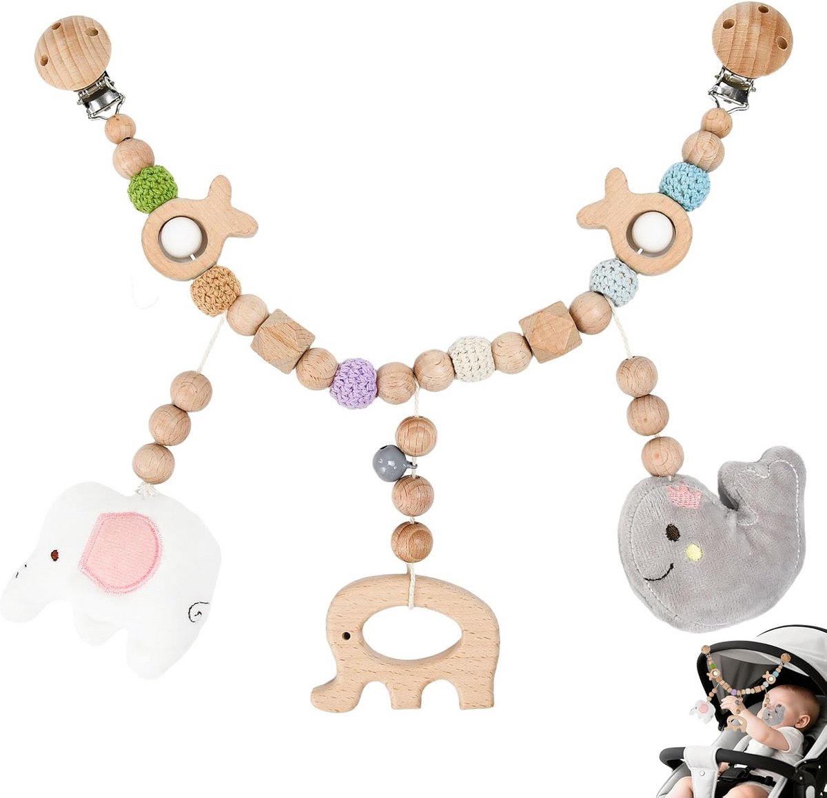 Kinderwagen Speelgoed - Babywagenketting Hout - Baby Bezighouden - Dubbel Klemsysteem - 40 cm Lengte - Natuurlijk Hout