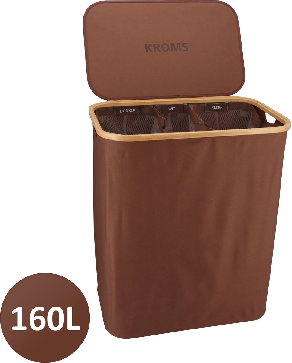 KROMS Wasmand 3 vakken - Bruin - 160L - Extra groot model - Inclusief NL & ENG Labels – Wassorteerder bamboe - Laundry basket - Wasmand met deksel - Opvouwbaar
