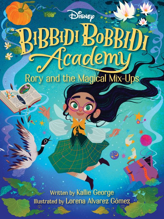 Boekomslag van Bibbidi Bobbidi Academy met Rory, een meisje met een bril en toverstaf, zwevend in een magische wereld.