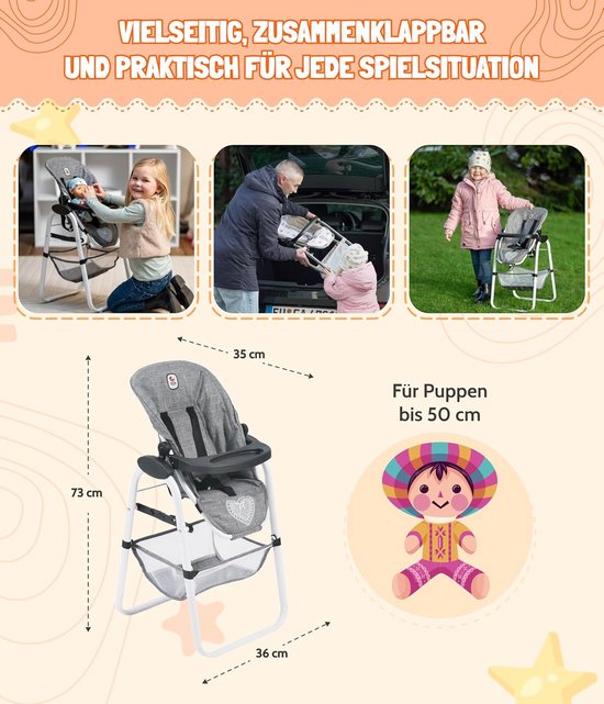 Poppenstoel - Speelgoedstoel - Poppen verzorgen - Verstelbare rugleuning - 36 x 35 x 73 cm - Jeans Grijs — afbeelding 3